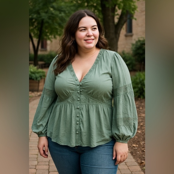 torrid Tops - Torrid Flowy Feminine Boho Puff Sleeve Peasant Sage Green Long Sleeve Top 1X